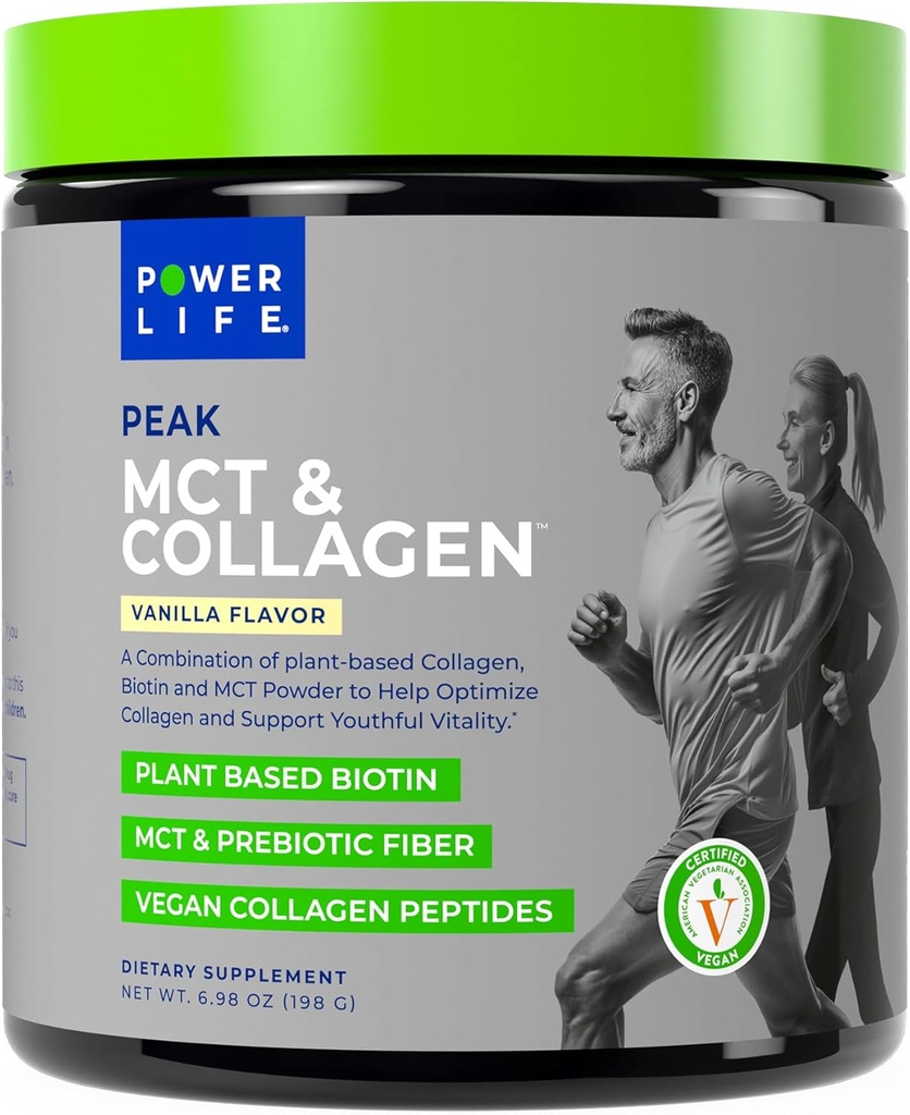 Power Life® Peak MCT Powder Supplement with Plant-Based Collagen and Biotin - Vanilla Flavor (30 tarjoilua)
