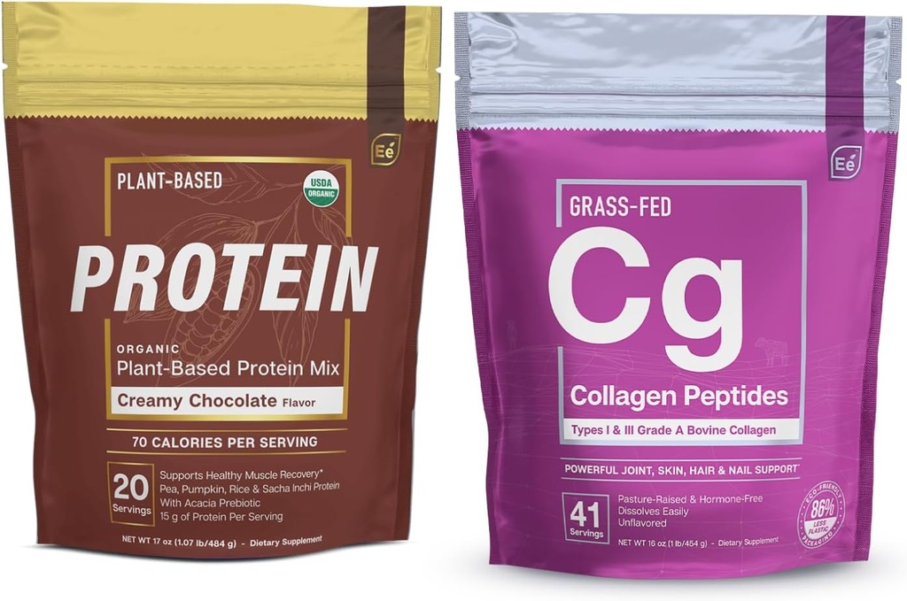 Essential Elements Hydrolysed Collagen Peptides Powder & Organic Pea Protein Powder - Creamy Chocolate .