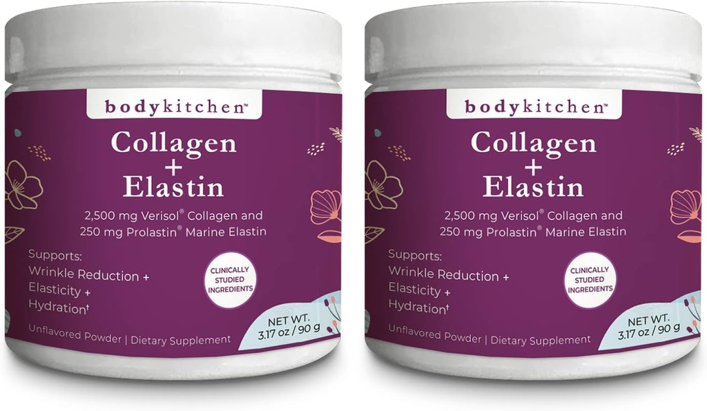 Body Kitchen Collagen ja 250 mg Elastin täydentää Apua Merkit ikääntyminen, Tuki ihon terveys ja elastisuus, Vähemmän ryppyjä, makuton jauhe, mauton, hajuton, väritön, 30 tarjoilua (2 pakkaus)