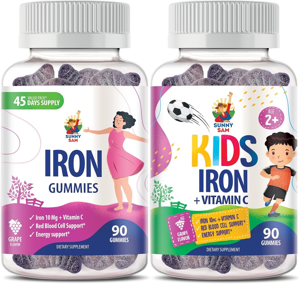 SUNNY SAM Iron Gummies lapsille ja aikuisille - Iron vitamiineja C-vitamiinia, 10 mg per tarjoilu - Iron Chewable Fruit Gummy for Immuuni Tuki Punasolujen tuotanto