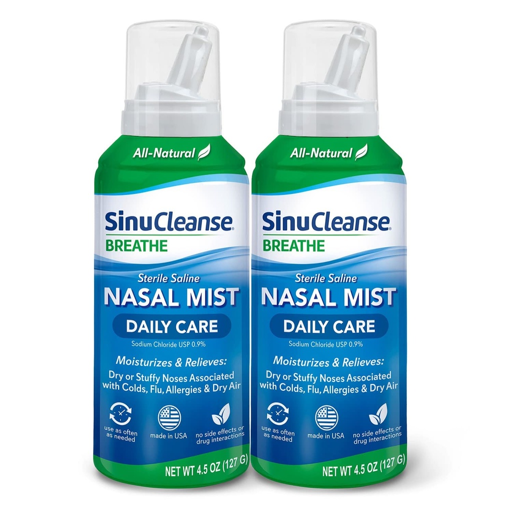 SinuCleanse Daily Care Sterile Nasal Spray, Ultra Fine Mist, välittömästi Kosteuttaa ja lievittää arjen Nasal Ruuhka johtuu kylmät ja kuiva ilma, 4.5 Oz (2 Pack), Made in USA