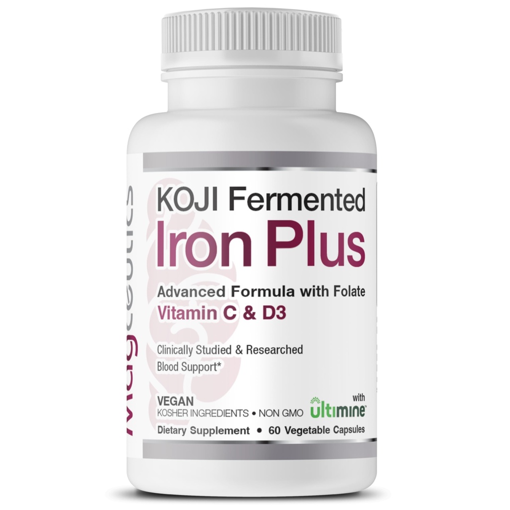 Koji Fermented Iron Plus - Järntillskott med vitamin C, vitamin D3 och folat för blodstöd, enkelt absorberad och biotillgänglig, mage vänlig, Vegan, icke-GMO - 60 kapslar