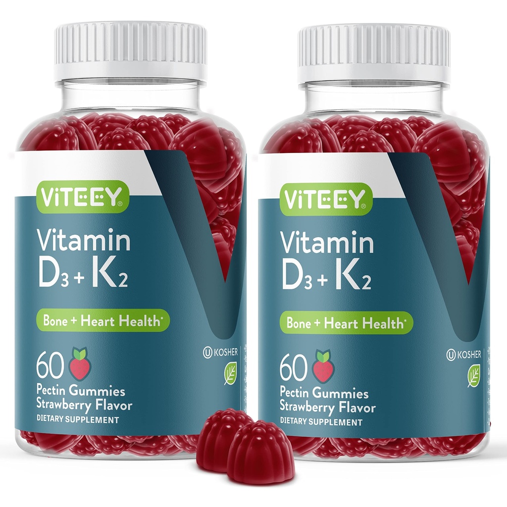 VITEEY-vitamiini D3 K2 Gummies - 1000 IU D3- ja K2-vitamiinia 100 mcg - Luun ja sydämen terveys aikuisille ja teini - kasvissyöjä, liivate, GMO-vapaa - Tasty Chewable D3K2 -vitamiinit Mansikka Maku