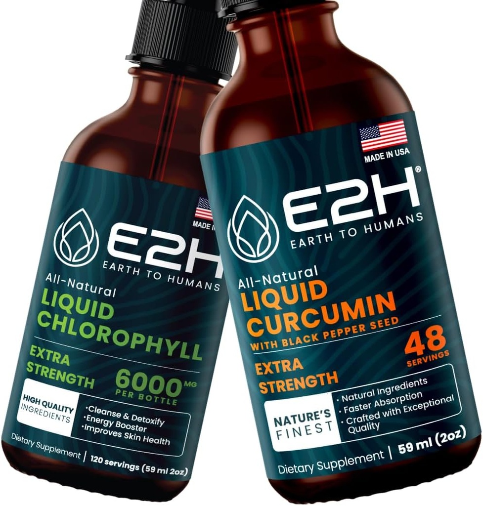 E2H: Nestemäinen klorofylli ja nestemäinen kurkuma Curcumin . Vegaani, muu kuin GMO - 2 Fl Oz Each (4 Fl Oz yhteensä) - Bundle