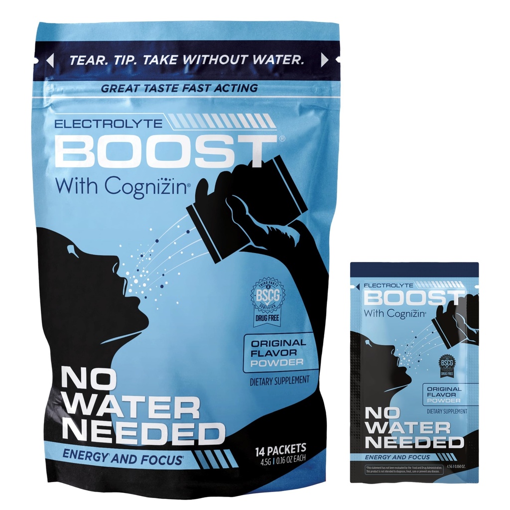 Elektrolyytti Powder Packets Cognizin Take without water, Hydration Extending Supplement, Ei sokeria, Ei Stevia, Ei kofeiinia, Ei vettä tarvitaan, liuottaa suuhun, 14 pakkaus
