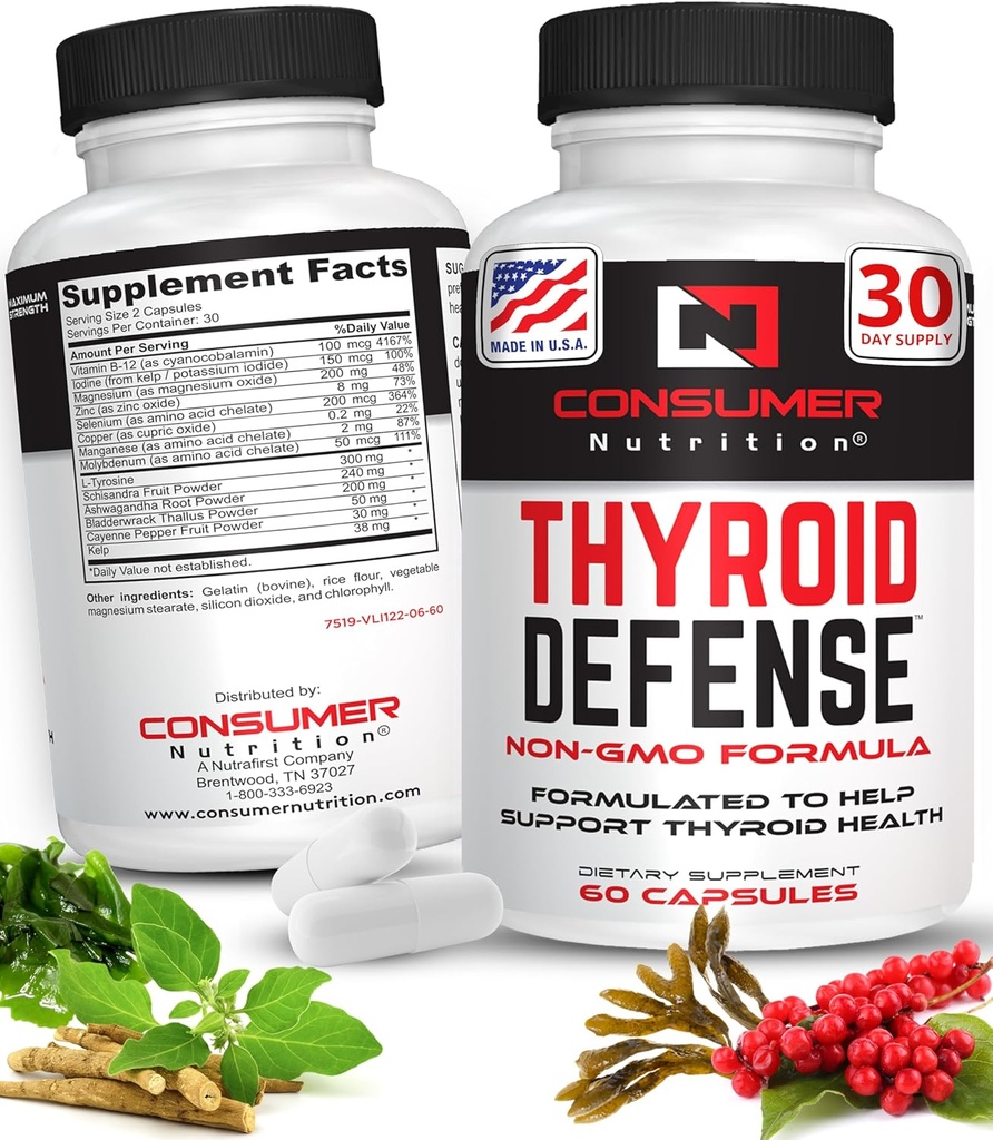 Thyroid Support för kvinnor och män - Ashwagandha, Cayenne, Schisandra och Kelp för sköldkörtelhälsa - Zink, vitamin B12 & jodtillskott för sköldkörtel - sköldkörtel 30 kapslar