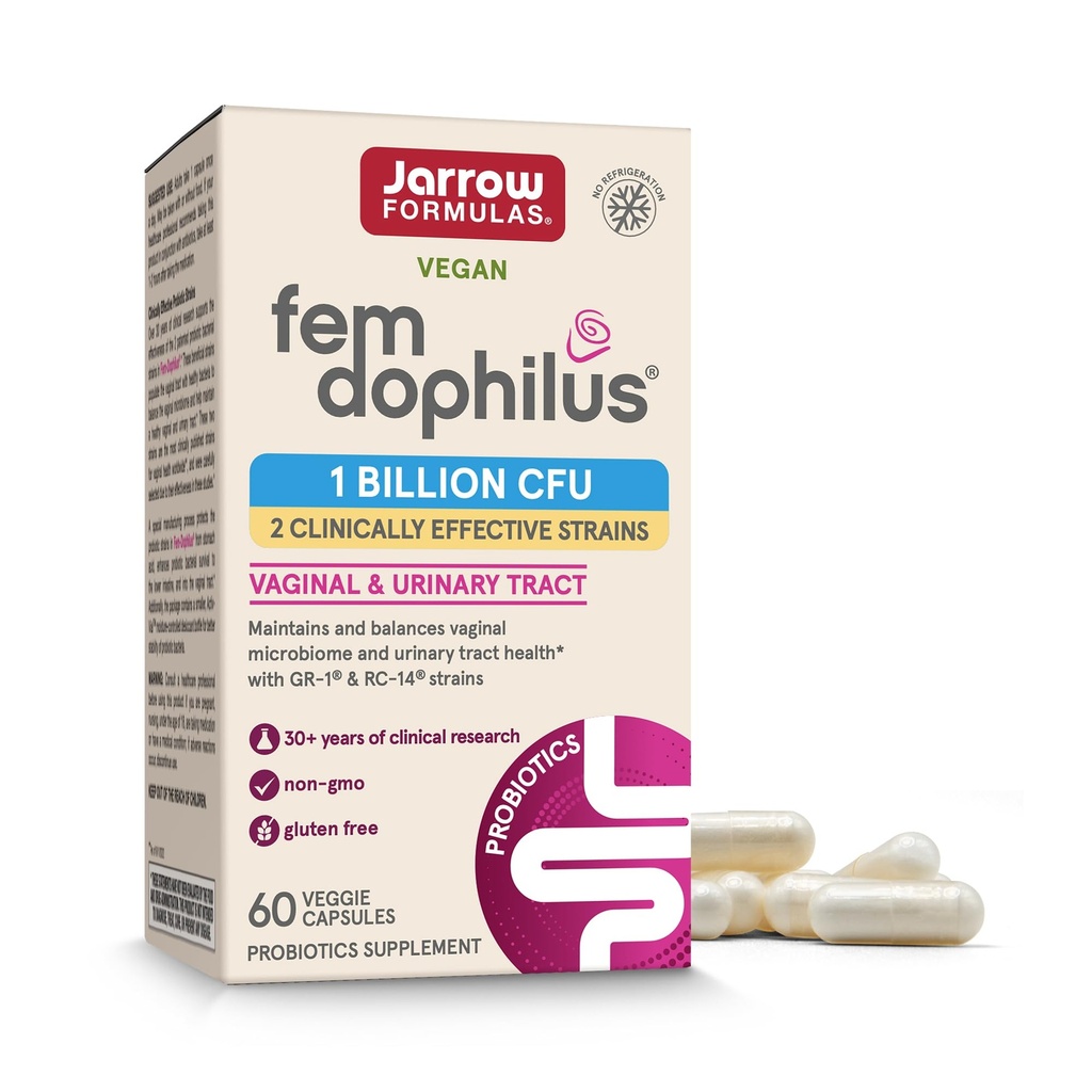 Jarrow Formulas Fem-Dophilus Vaginal Probiotics 1 Billion CFU med 2 Science-Backed Strains, Dietary Supplement för vaginal & Urinary Tract Support, 60 kapslar, 60 Day Supply, Shelf-Stable Probiotika