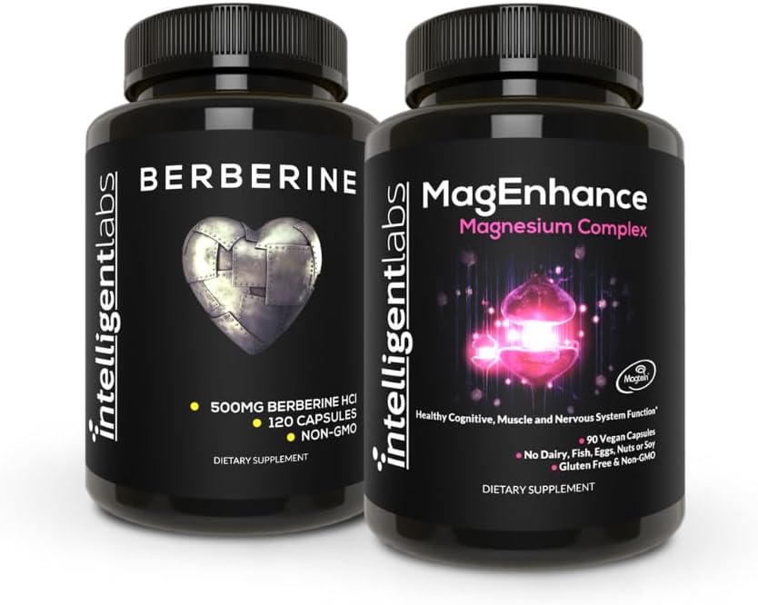 Intelligent Labs 2-in-1 Bundle of MagEnhance Magnesium Supplement (Magnesium L-treonate Complex Mg Glycinate ja Mg Taurate) ja Max Strength Berberine 500MG kapselit
