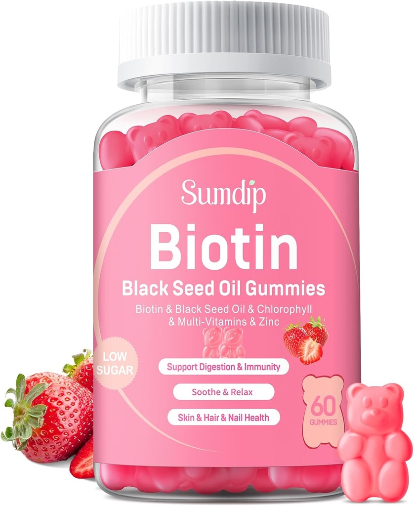 Black Seed Oil Gummies med Biotin, Immune Support Healthy Hair & Skin & Nails för kvinnor och män, klorofyll, Zink, vitamin A, B6, B12, C, D, E, Vegan Supplement - 60 Gummies