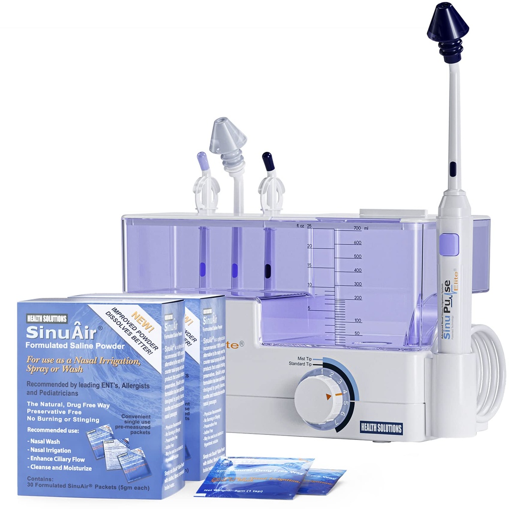 SinuPulse Elite Advanced Nasal Kastelujärjestelmä - sykkivä Sinus Congestion Relief & Sinus Rinse Machine, tehokkaampi kuin Netti Pot, Nenäsumute tai Nasal Wash Bottle, 90 SinuAir Packets