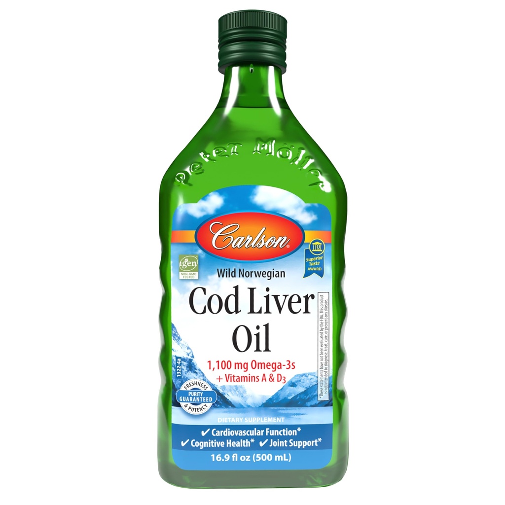 Carlson - Cod Liver Oil, 1100 mg Omega-3s, Wild-Caught Norwegian Cod-Liver Oil, kestävästi lähdetty Nordic Fish Oil Liquid, Mautonta, 500 ml (16,9 Fl Oz)