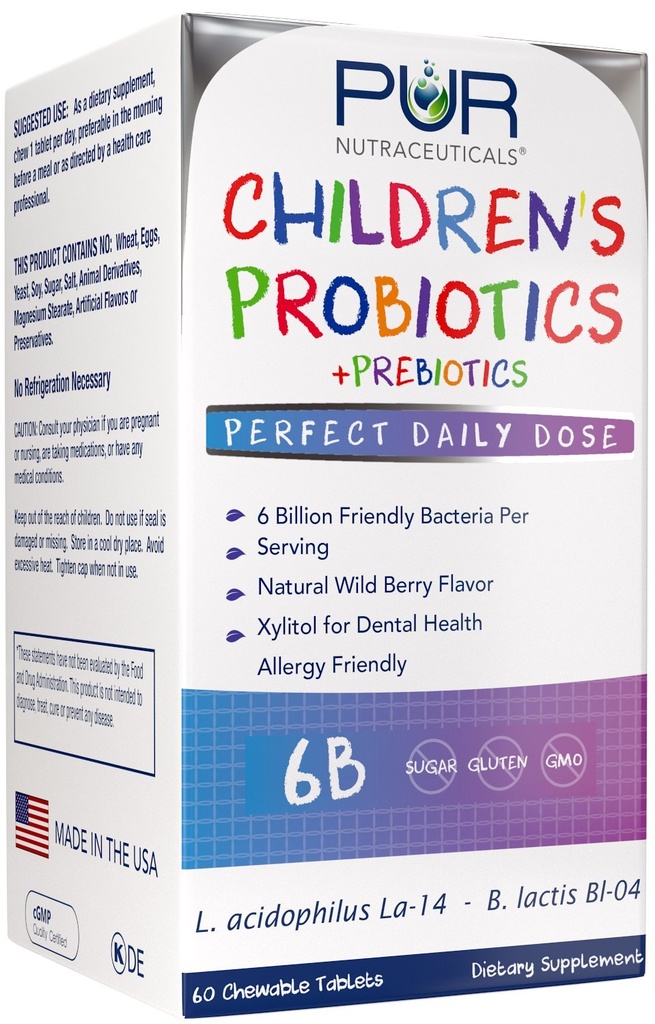 Lasten probiootit + Prebiootit * 6 miljardia PMY/Serving * 60 purutablettia * 2 kuukauden toimitus * Prebiootit Sunfiber® & FOS for 10X Enemmän tehokkuutta * 100% All Natural * Made in USA
