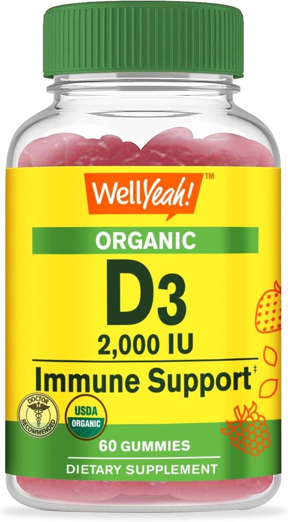 WellYeah Organic D3 2 000 IU (50 mikrog) Gummies - Tukee luuta, lihasvoimaa ja immuniteettia - ei-GMO, Gluteeniton - USDA Organic - Natural Flavors - 60 Gummies