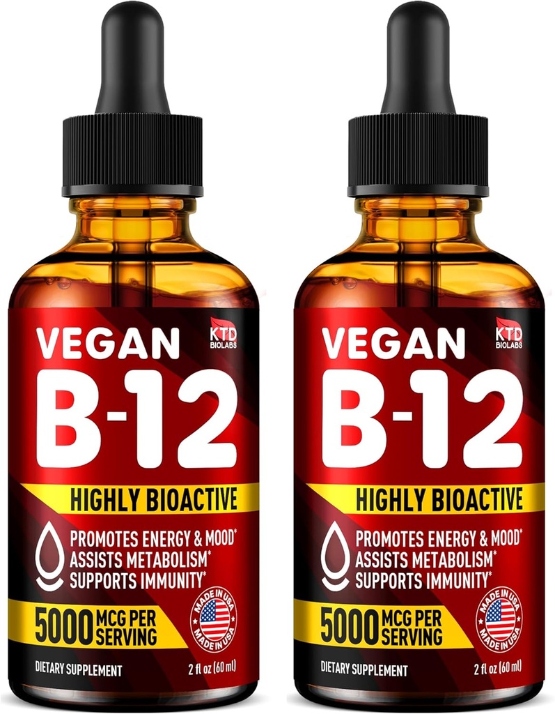 Pakkaus 2 - B12 Sublingual 5000 mikrog Drops - Made in USA - Vegaani B12 Vitamiineja energian, Mieliala & muisti - Erittäin biosaatavissa Sublingual Drops - Methylcobalamiini naisille & miehille - 2 fl. oz.