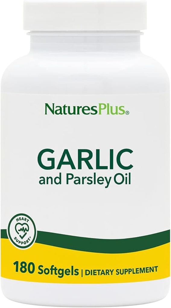 Natures Plus Garlic & Parsley - Främjar naturligtvis hälsosamt kolesterol och blodtrycksnivåer - 180 Softgels (180 portioner)