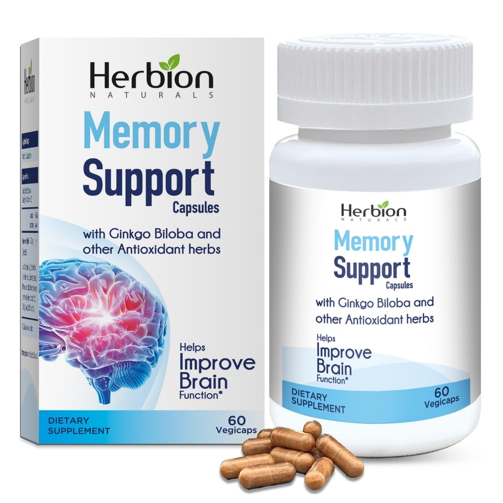 HERBION Naturals muistituki kapselit, auttaa parantamaan aivojen toimintaa & Poissa mielentila, ylläpitää terve mieliala Ginkgo Biloba, aikuisille, 60 kreivi, pakkaus 1