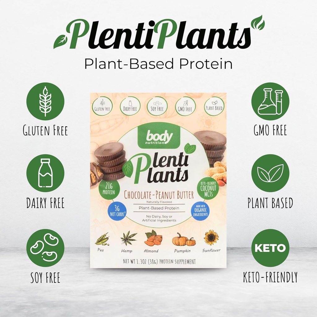Body Nutrition PlentiPlants Plant Based Protein Powder, Dairy-Free Protein Utan Soja eller Artificiella Ingredienser, Naturligt smaksatt organisk växtprotein Shake, Chocolate Peanut Butter, 38 g