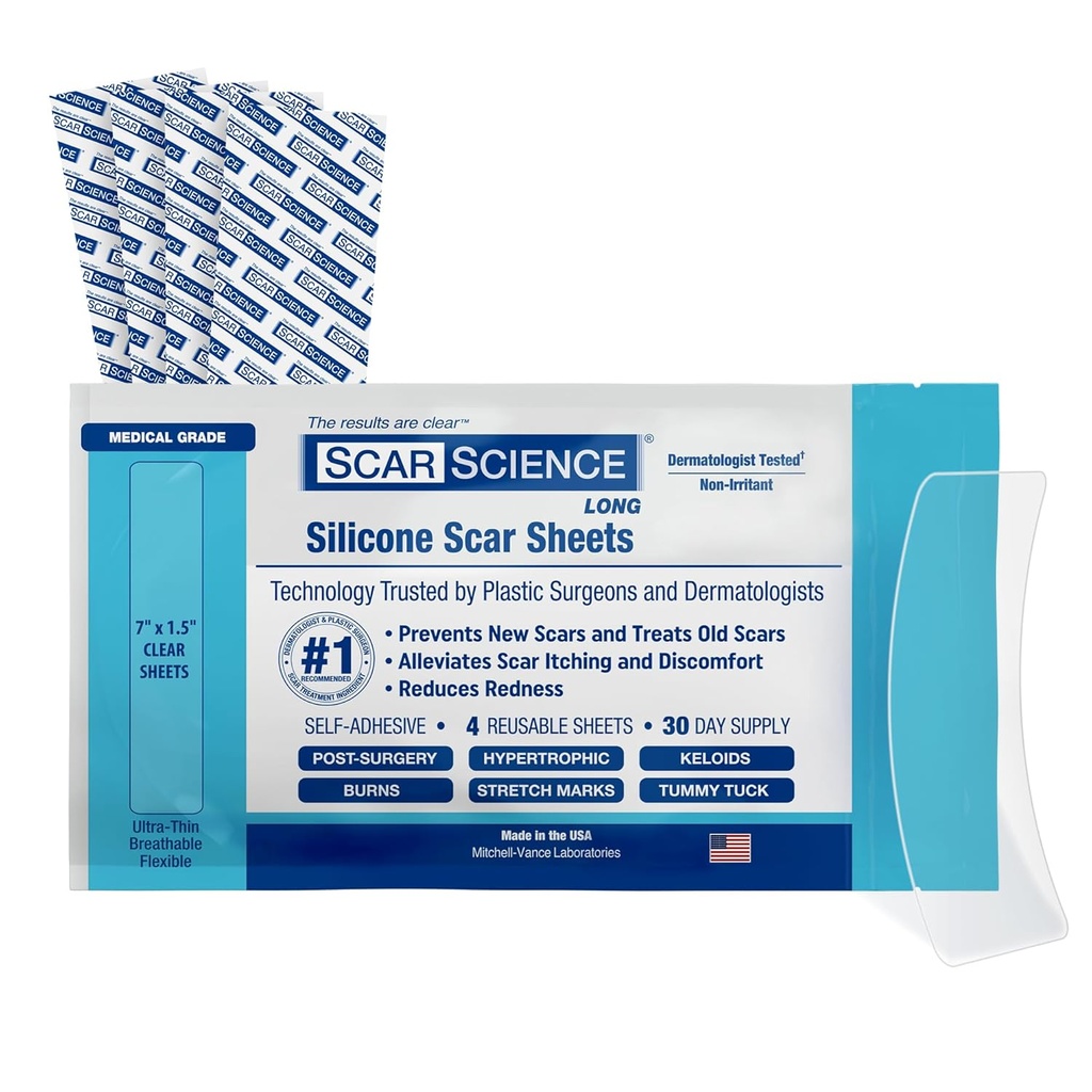 Medicinsk Grade Silicone Scar Sheets - 7" Återanvändbar vattenresistent silikonband för släp - Clear Breathable Tape för C-sektion, Tummy Tuck, Surgical Scars och Keloids - 4-Pack