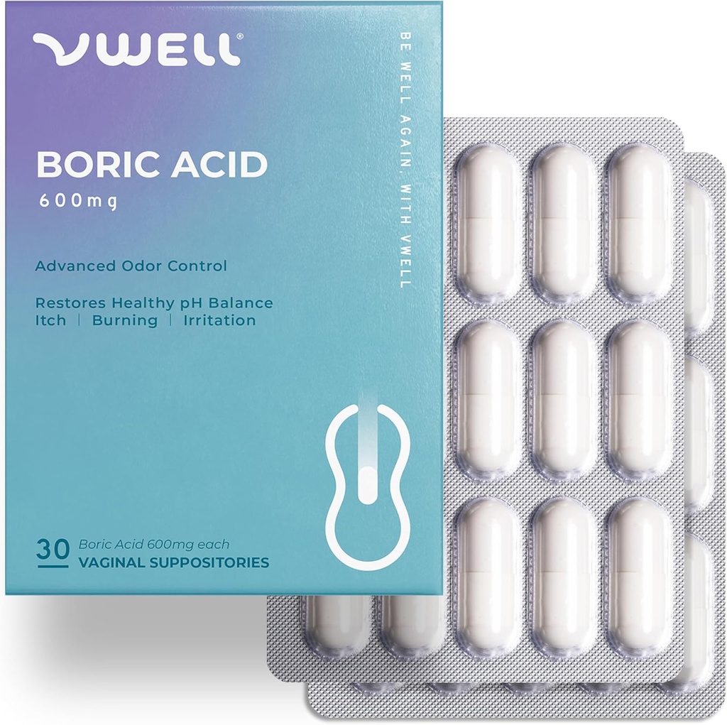 VWELL Boric Acid Vaginal Suppositories - Ylläpitäjät ja tasapainot Terve emättimen pH & Mikrobiome hallita Odor Itch Burning Irritation Intiimiys - Lääkärit Suositeltava (Yksi koko, 30, Count)