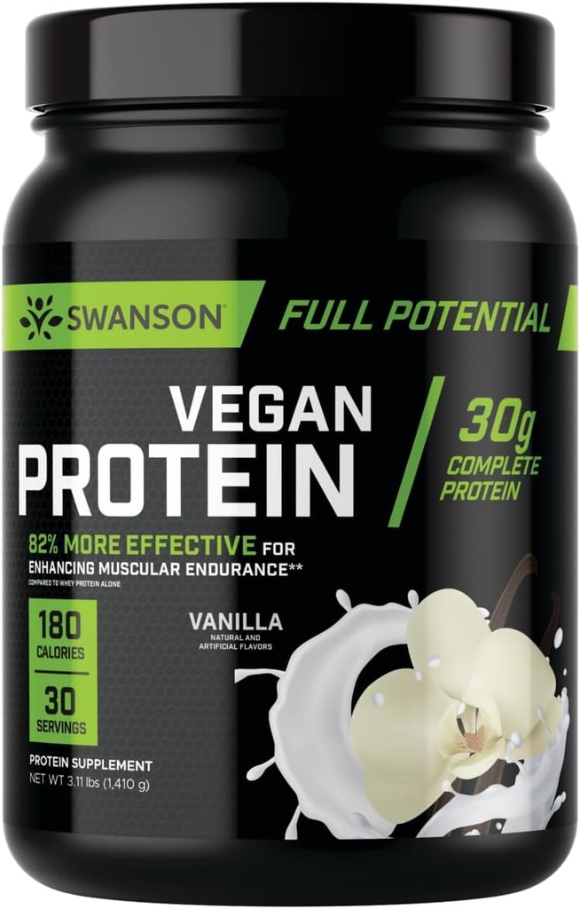 Swanson Full Potential Vegan Protein - Vanilla Flavor, Koko vegaaninen proteiinijauhetta lihasten rakentamiseen ja Recovery - 30 g