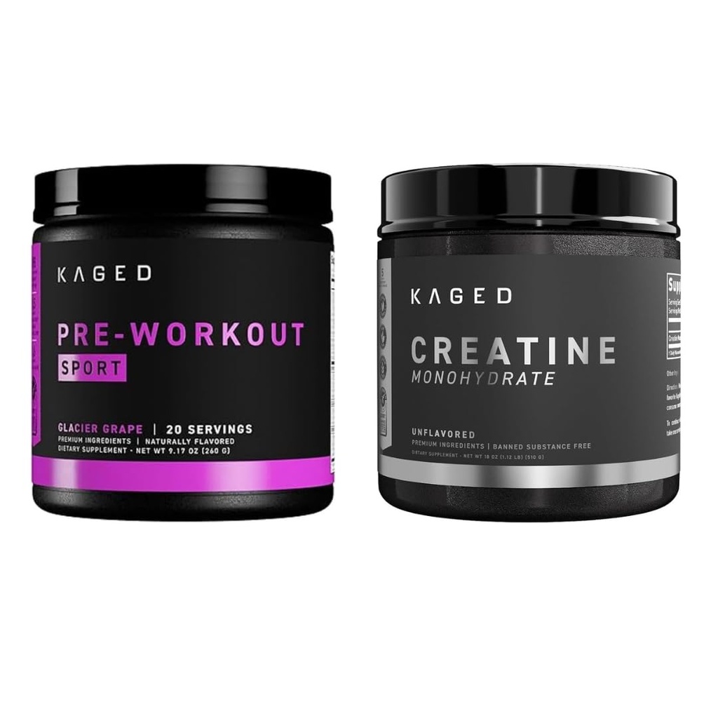 Kaged Pre Sport Pre Treenout Powder Glacier Grape Creatiini Monohydraatti Mikronoitu jauhe Bundle, energia & lihasten Recovery täydennysosa Pack, 20 tarjoilua Esityö + 100 tarjoilua Creadin