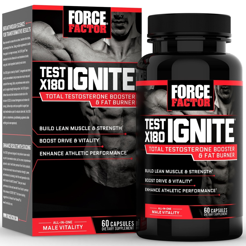 FORCE FACTOR Test X180 Ignite Total Testosteron Booster for Men with Fenugreek Seed and Green Tea Extract to Build Lean Muscle, Boost Energy och Improve Performance, 60 Count