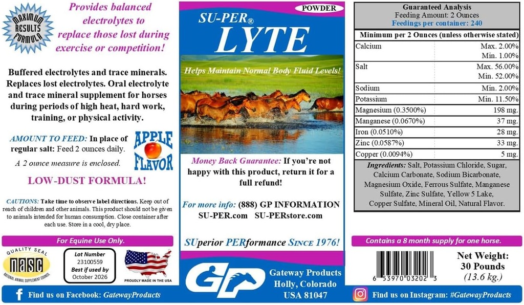 SU-PER Lyte Horse Electrolyte Supplement - Hjälper till att upprätthålla normala kroppsvätskenivåer - Prestationshästmineraler & Electrolytes Replacement - 30 pund, 8 månaders leverans