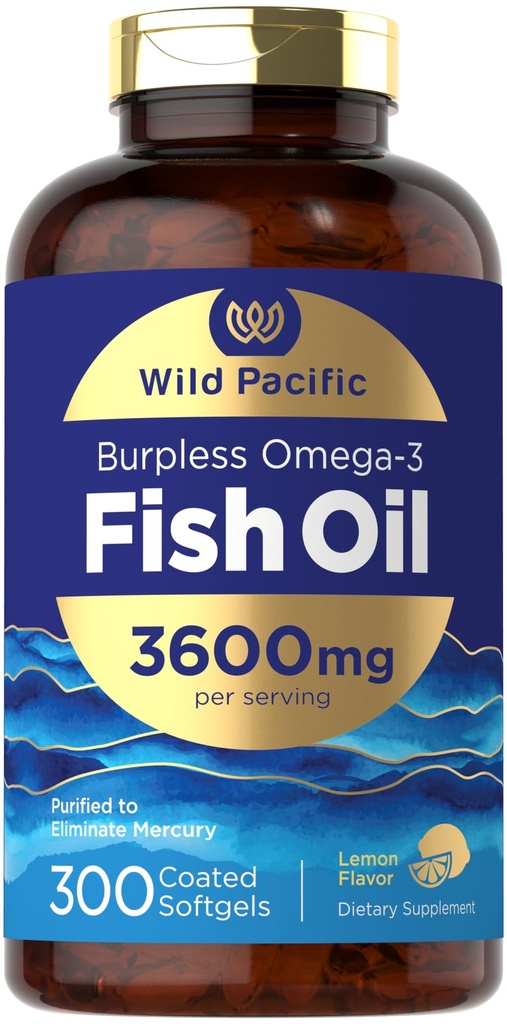 Carlyle Burpless Fish Oil 3600 mg | 300 Softgels | med Omega-3 Fatty Acids | Lemon Flavor | Non-GMO, Gluten Free Supplement | av Wild Pacific