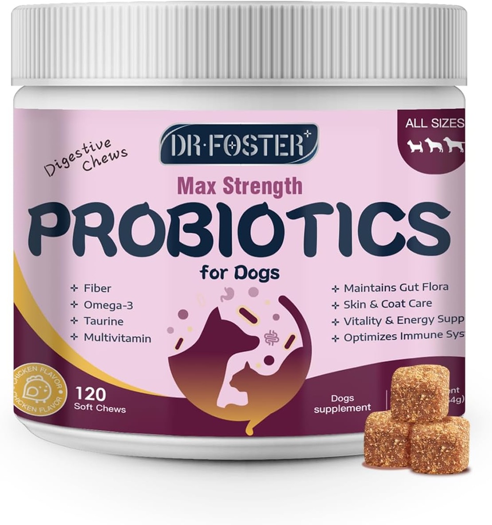 Probiootit koirille - Dog Probiootit digestiivinen terveys, prebiootti, digestiivinen Enzymes koirille kurpitsa, Omega-3, Tuki Gut, Immuuni, ripuli, 120 pehmeää purukumia