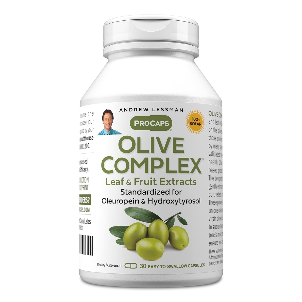 ANDREW LESSMAN Olive Complex - 30 kapslar - Leaf och fruktextrakt. Standardiserad för Oleuropein och Hydroxytyrosol för att stödja hjärt- och immunhälsa. Liten lätt att svälja kapslar