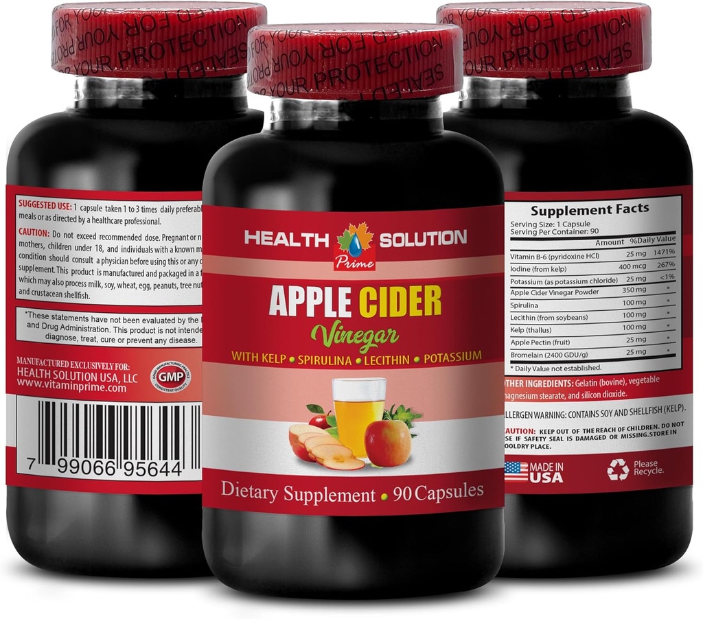 Apple Siideri Viinietikka - Apple Siideri Viinietikka Advanced Complex kelp, spirulina, Lecithin - Lecithin kelp b6, Klamath Blue Green Algae, Digestion Support Supplement - 1 pullo 90 Caps