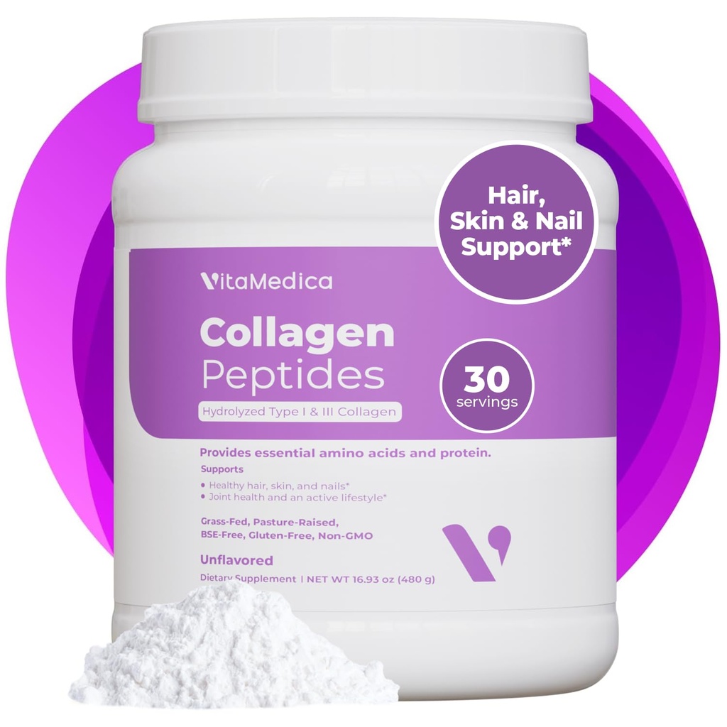 VitaMedica Collagen Peptides Powder for Women & Men - Terveet hiukset, iho, kynnet, luut ja nivelet - Hydrolysoidut tyypit I & III, nurmirehu, pastöroitu proteiini, nollasokeri - 30 tarjoilua