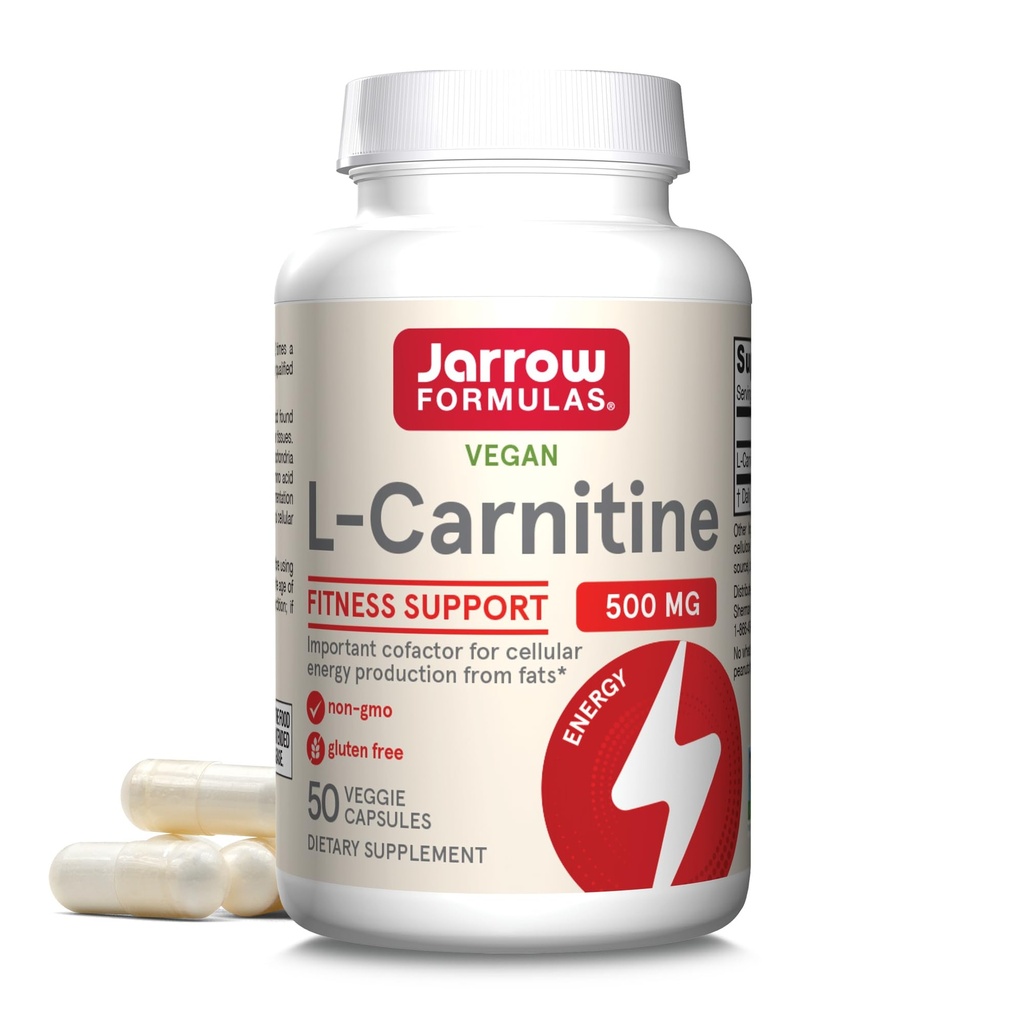Jarow Formulas® L-karnitiini 500 mg, ravintolisä, tuki solun energiatuotannon, 50 kasviskapselit, 50 päivän tarjonta