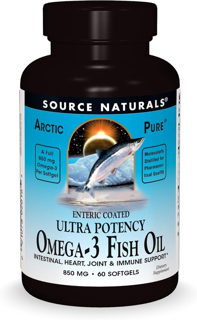 Källa Naturals ArcticPure Omega-3 Fish Oil 850mg Ultra Potency EPA + DHA för hjärta, gemensam, hjärna och immun hälsa - Enteric Coated för känsliga magar - 60 Softgels