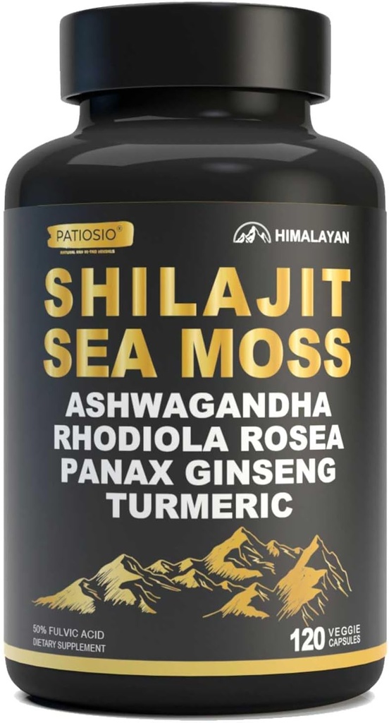 Shilajit Capsules för män - 50% Fulvic Acid, 85 + Trace Minerals Pure Himalayan, Shilajit Resin Extract med Sea Moss, Ashwagandha-for Energy, Stamina -120 kapslar