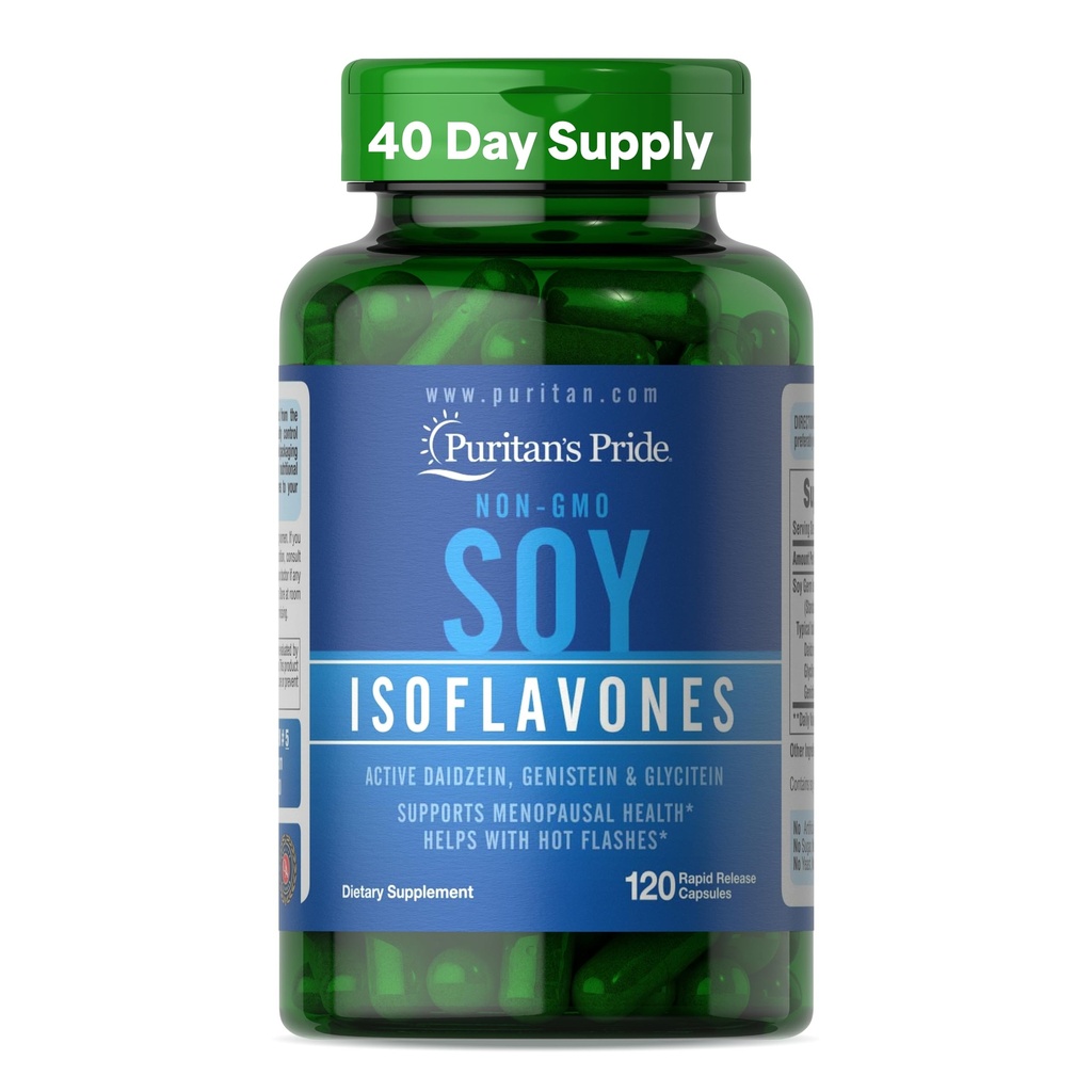 Puritan's Pride ei-GMO Soy Isoflavones 750mg, ravintolisä aktiivinen daidzein, Genistein, ja Glycitein tukee vaihdevuodet ja kuumat välähdykset, 120 nopea julkaisu kapselit