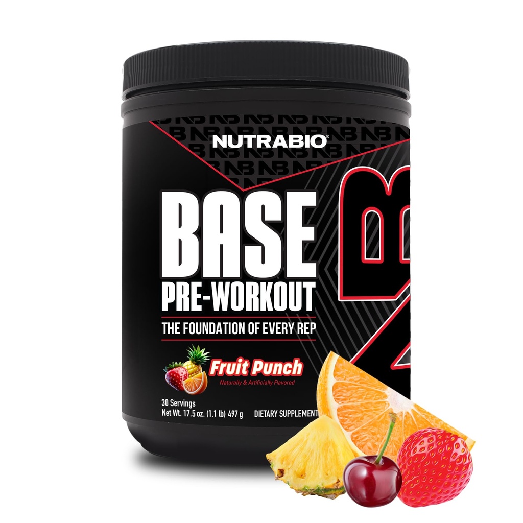 NutraBio Base Pre-Workout Powder 200mg Caffiene, Kestävä energia, Focus, Endurance, Pump, Sokeriton, Puhdasta Esityö miesten ja naisten - Beta Alanine, L-tyrosiini, 30 Tarjoilut - Hedelmän nyrkki