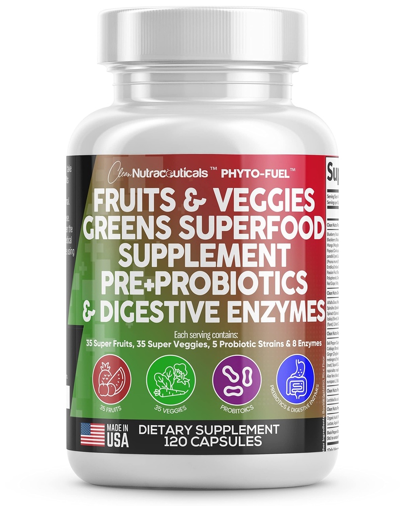 Clean Nutraceuticals Fruits and Veggies Supplement Reds & Green Superfood - Balance of Over 70 Fruit & Vihanneslisät Kapselit Probiootit Prebiootit Dgestive Enzymes - 120 Ct USA