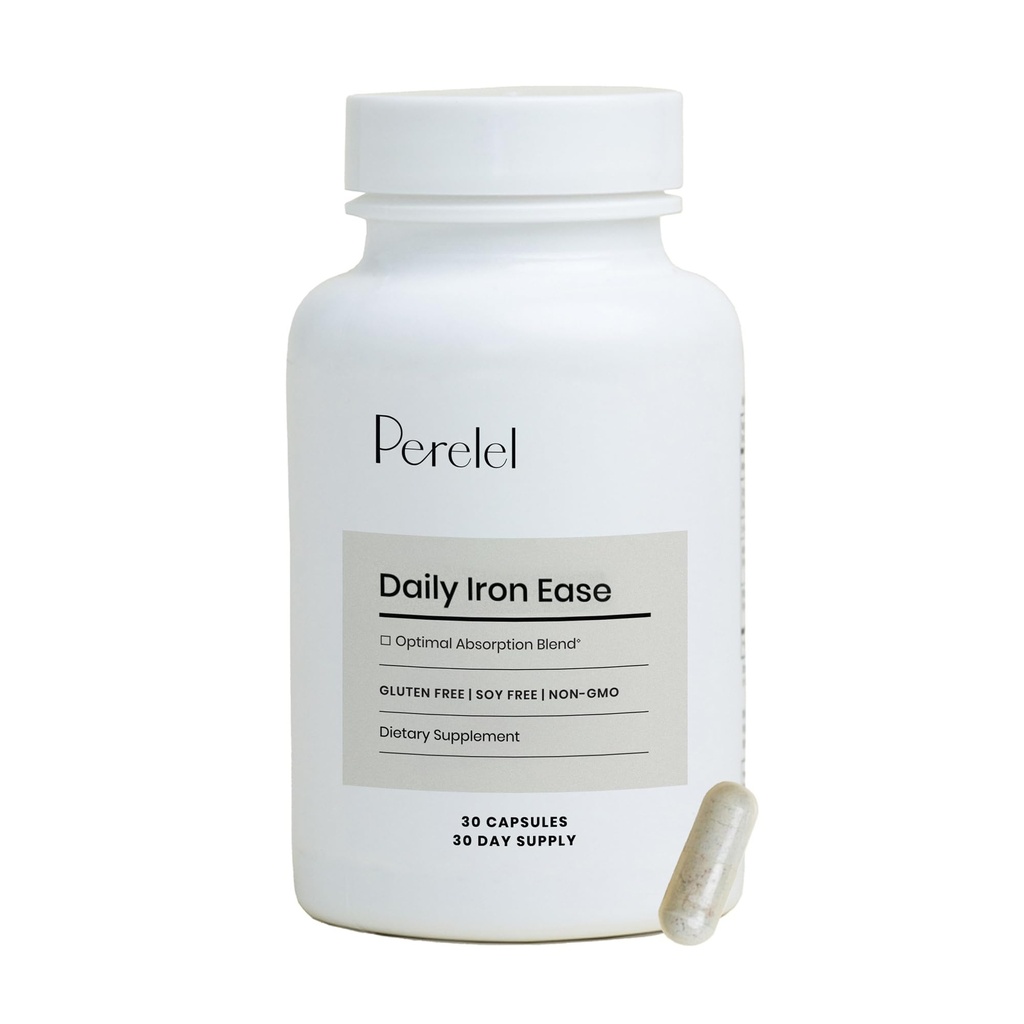 Perelel Daily Iron Ease, 15MG rautalisät magnesiumin, C-vitamiinin ja B12-vitamiinin kanssa ravinne- ja energiatukeen, kapselit naisille ja miehille, soija, maito- ja gluteeniton, ei-muuntogeeniset lääkkeet, 30 pilleriä