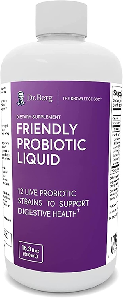 Dr Bergs Friendly Probiotic Liquid Supplement Drink Mix w/12 Live Probiotics Strains & Lactobacillus Acidophilus - Digestive Health, Immune System & Gut Support för Män Kvinnor & Barn -1 Månadsförsörjning