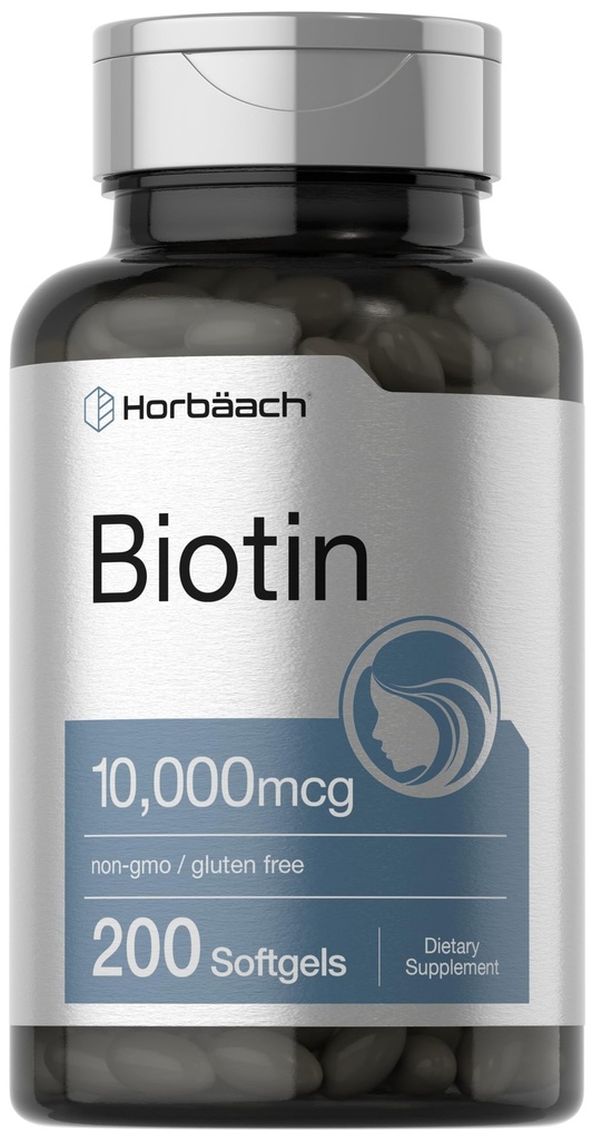 Horbaach Biotin 10000 mikrogrammaa 200 softgelia B7-vitamiinin kanssa. Kauneus Formula lisäravinteet.