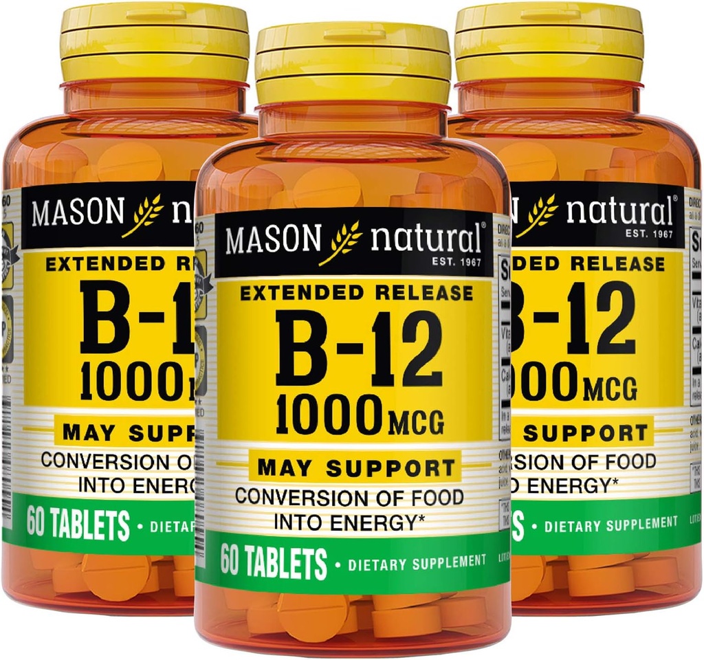 MASON NATURAL B-12 1000Mcg Cyanocobalamin Extended Release Tabletit, 60 Count Bottles (pakkaus 3)