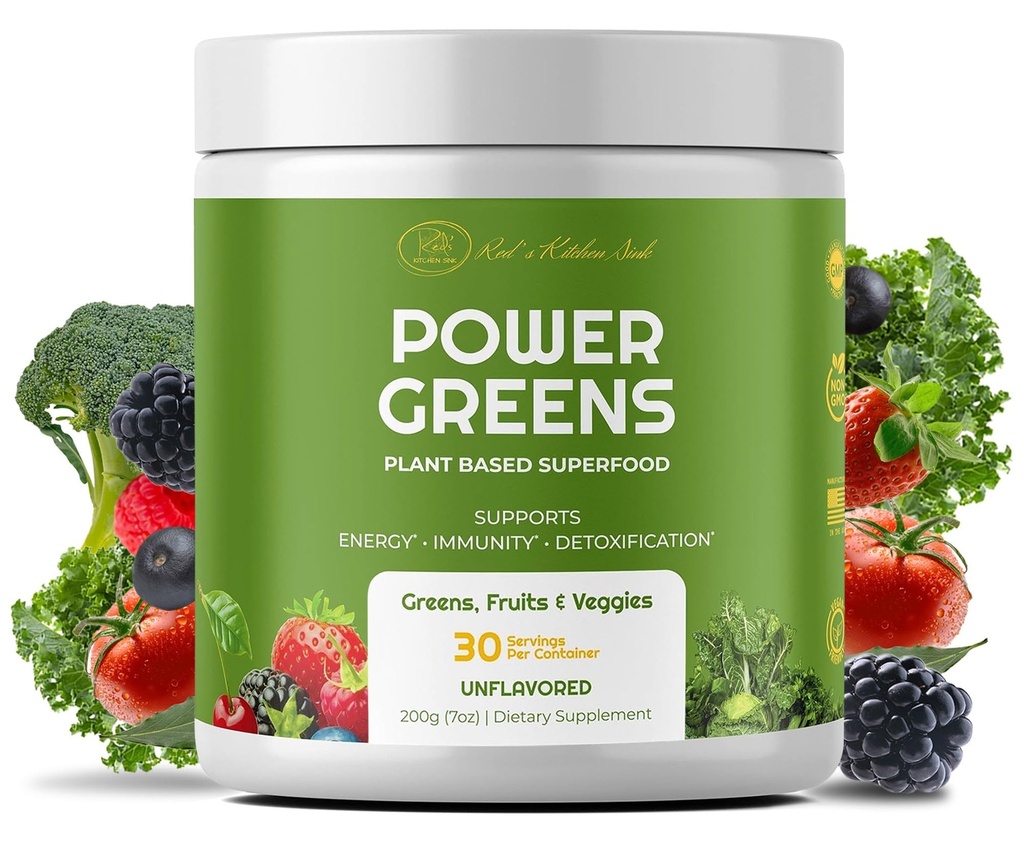Red's Kitchen Sink Power Greens Powder - Daily Greens Superfood Powder - Fruity, kasvis, & Green Leafy Smoothie Drink Mix - Superfoods Maca Root, Spirulina, klorella, & enemmän (200 grammaa)