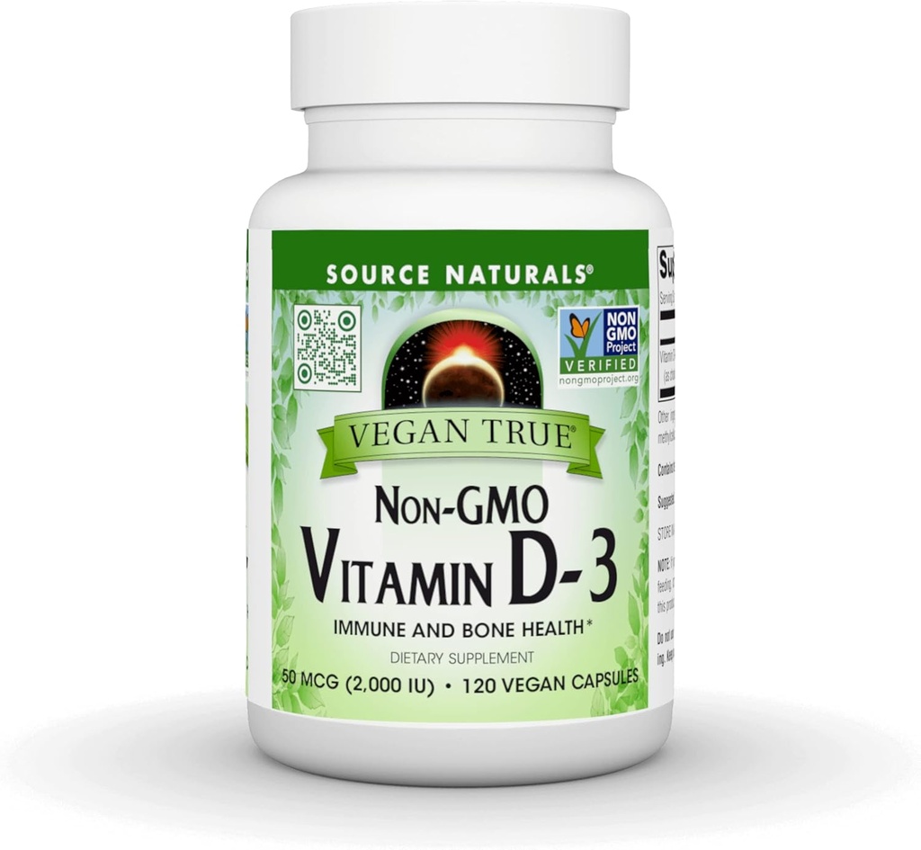 Source Naturals Vegan True, non-GMO-vitamiini D-3, ravintolisä immuuni- ja luuterveyden *, 2000 IU - 90 kapselia