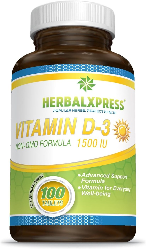 Herbalxpress Vitamin D (som kolekalciferol) 1 500 IE (100 tabletter) är den perfekta tillsatsen till en hälsosam livsstil, ben, tänder, muskler, immunfunktion och välbefinnande, icke-GMO och glutenfri.