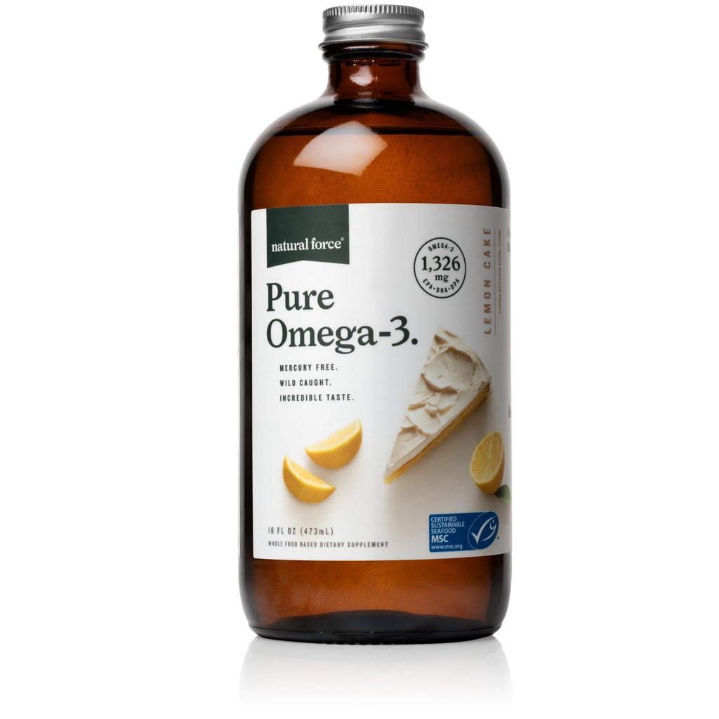 Natural Force Pure Omega 3 - Liquid Fish Oil - Herkullinen Lemon Cake Flavor - Mercury Free, Wild Caught, Lab testattu - 1,326 mg Triglyseridi EPA, DHA, & DPA - 16 Oz lasipullo