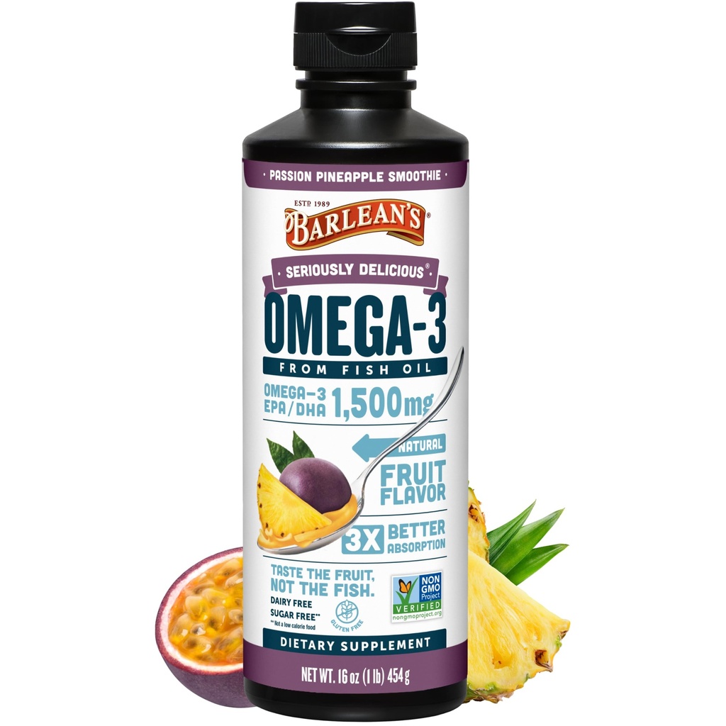 Barlean's Omega 3 Fish Oil Liquid Supplement for Miehet ja naiset, Passion Ananas, 1500mg EPA ja DHA rasvahappo, 16 oz