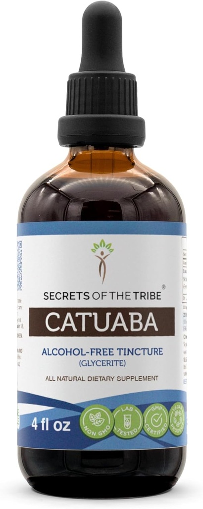 Secrets of the Tribe Catuaba Alcohol-Free Liquid Extract, Wildcrafted Catuaba (Erythroxylum vacciniifolium) Torkade Bark Tincture Supplement (4 FL OZ)