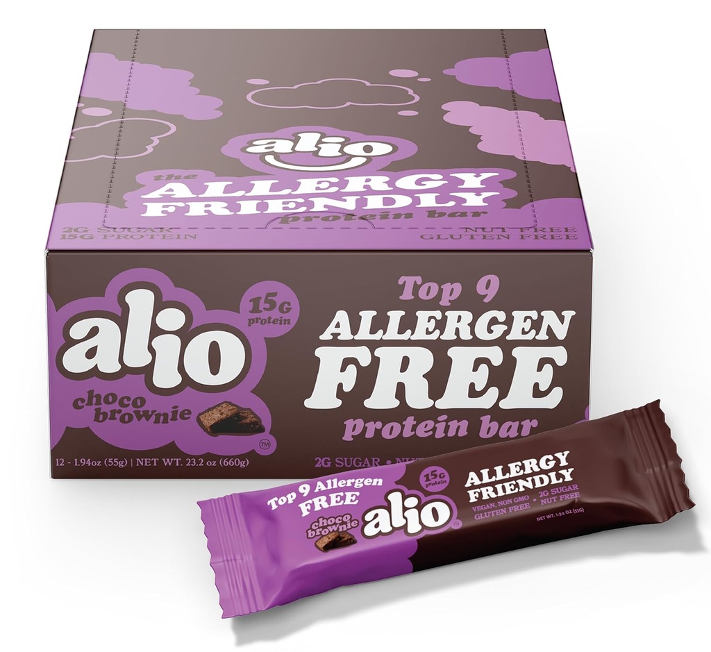 Alio Protein Bars - Choco Brownie (12 barer) - Gratis från de 9 bästa matallergenerna, High Protein, Low-Calorie, Vegan, Gluten-Free, Nut-Free, Non-GMO, Plant-Based, Seed Oil Free, Delicious & Healthy Snack
