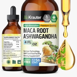 BIO KRAUTER Maca Root ja Ashwagandha Tincture - Maca & Ashwagandha täydentää miesten ja naisten - Adaptogeeninen neste täydentää mielialatuki - alkoholi ja sokeriton vegaaninen Drops 4 Fl.Oz.